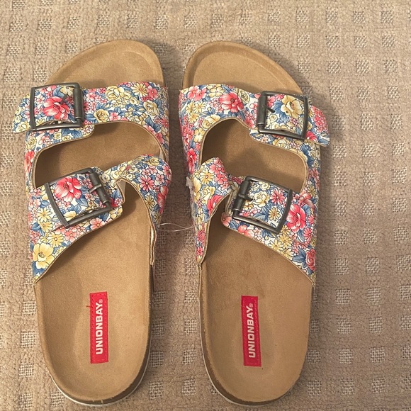 UNIONBAY Shoes - UNIONBAY Floral Double-Buckle Slide Sandals - Blue, Red, Yellow